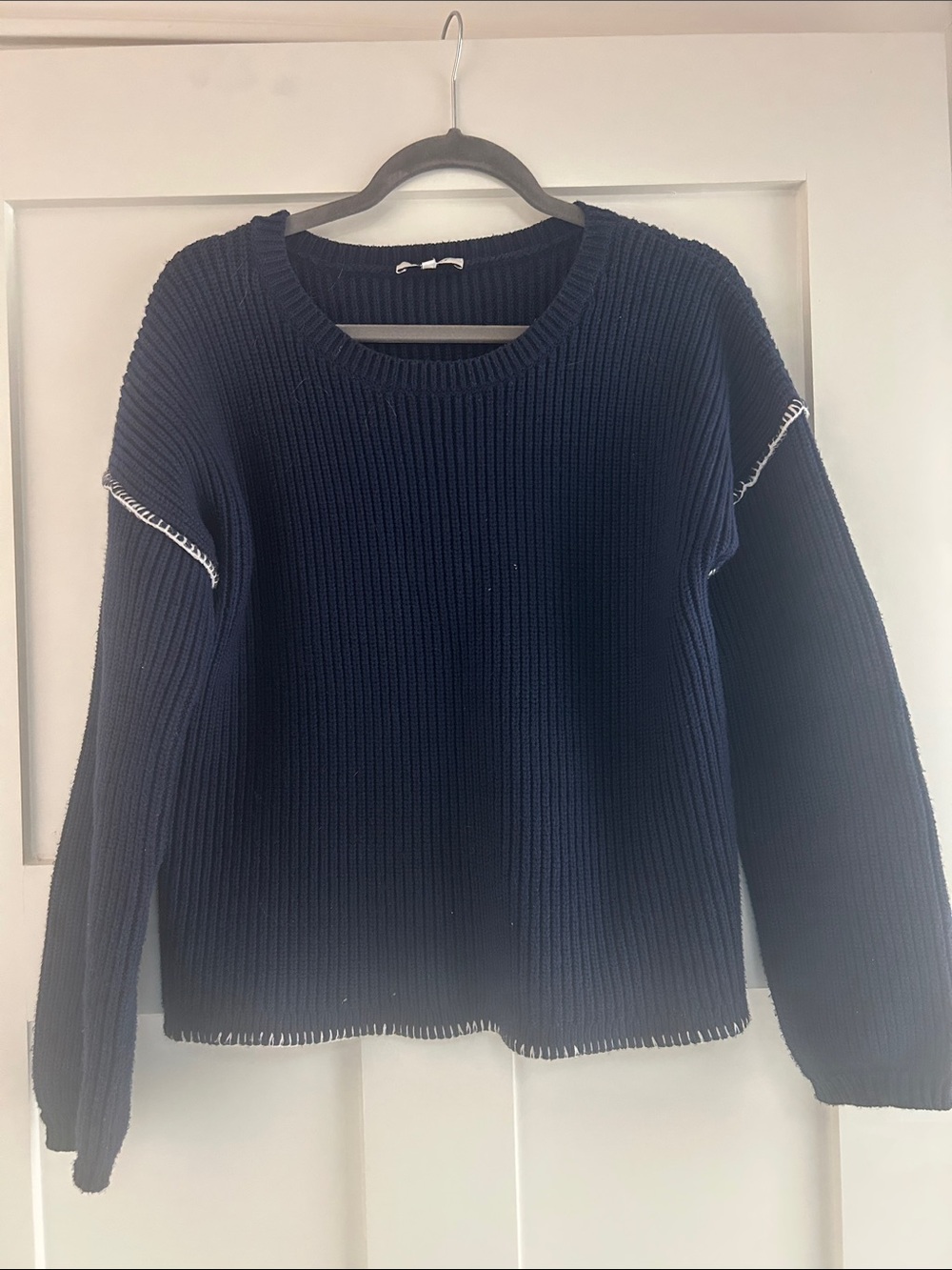 Ribbed Navy Crewneck Sweater with Contrast Trim